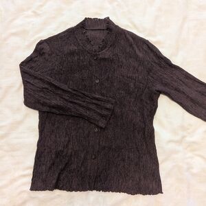 Coffee Brown Textured Crinkle Button-Up Shirt Blouse Size S